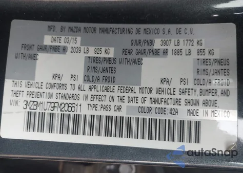 2015 Mazda Mazda3 I Sport z USA, uszkodzony, nr VIN 3MZBM1U79FM206611